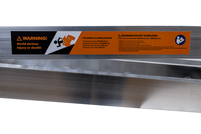 UNITRAILER ALR003 zložljive aluminijaste rampe za prikolice 221 cm 680 kg s pasom in opornikom, komplet 2 kosov